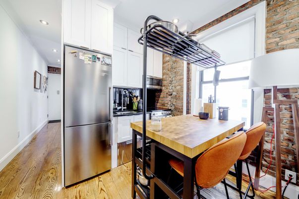 Interior, Kitchen, Recessed Lighting, Stone Walls, Wood Texture Flooring
