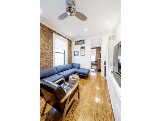 Interior, Living room, Recessed Lighting, Stone Walls, Wood Texture Flooring