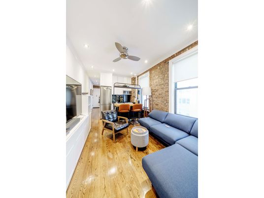 Interior, Kitchen, Living room, Recessed Lighting, Stainless Steel Appliances, Stone Walls, Wood Texture Flooring