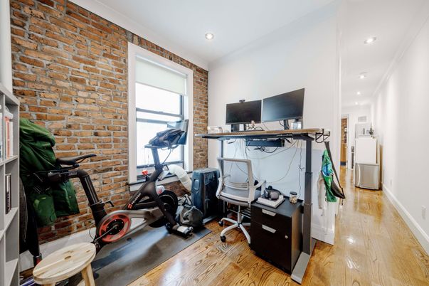 Fitness Equipment, Home Office, Interior, Recessed Lighting, Stone Walls, Wood Texture Flooring