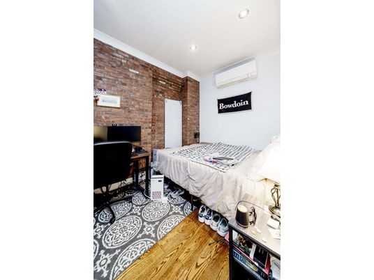Bedroom, Interior, Recessed Lighting, Stone Walls, Wood Texture Flooring