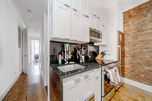 Interior, Kitchen, Recessed Lighting, Stone Walls, Wood Texture Flooring