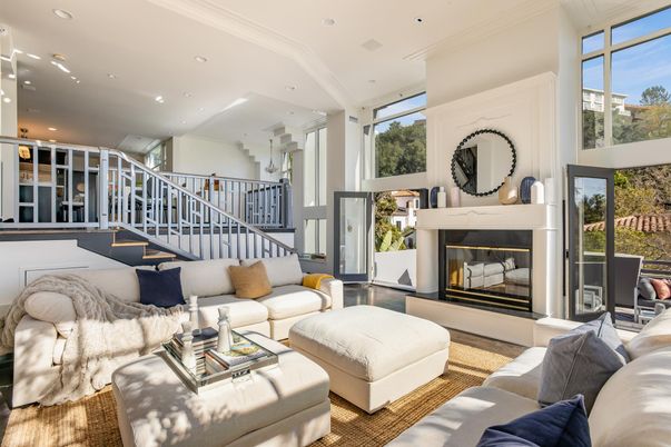 Fireplace, Interior, Living room, Recessed Lighting, Wood Texture Flooring