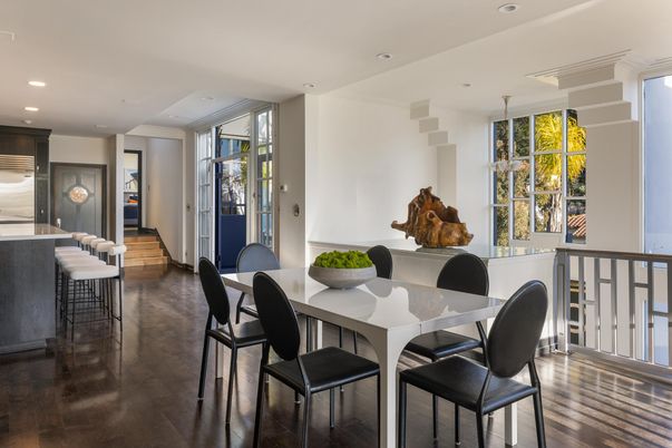Dining room, Interior, Kitchen, Pendant Lights, Recessed Lighting, Wood Texture Flooring