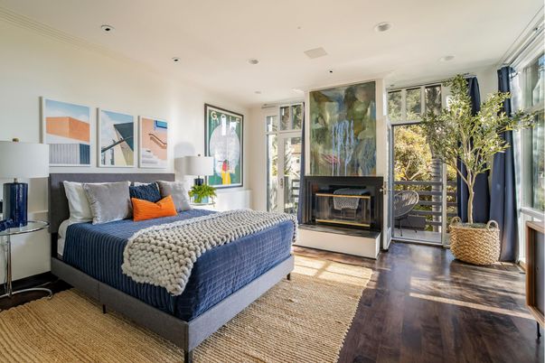 Bedroom, Fireplace, Interior, Recessed Lighting, Wood Texture Flooring