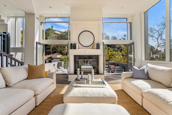 Fireplace, Interior, Living room, Recessed Lighting, Wood Texture Flooring