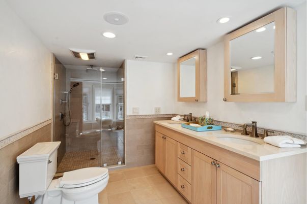 Bathroom, Dual Sink Vanities, Glass Shower, Interior, Recessed Lighting