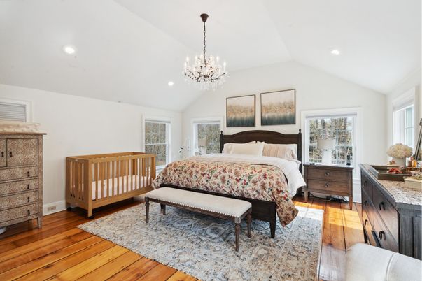 Bedroom, Chandelier, Interior, Recessed Lighting, Wood Texture Flooring