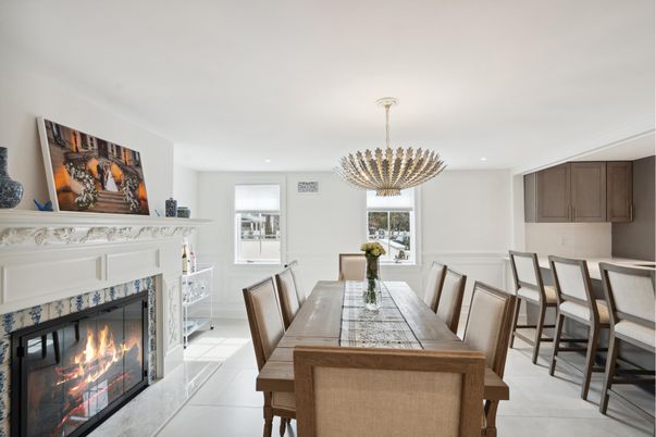 Dining room, Fireplace, Interior, Pendant Lights