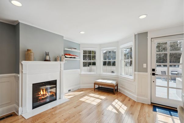 Fireplace, Interior, Recessed Lighting, Wood Texture Flooring