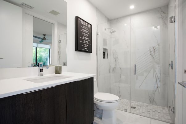 Bathroom, Glass Shower, Interior, Marble Walls, Recessed Lighting