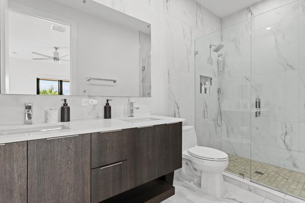 Bathroom, Dual Sink Vanities, Glass Shower, Interior, Marble, Marble Walls