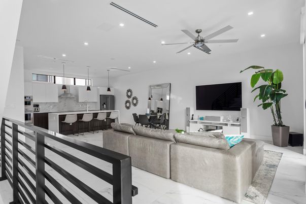 Dining room, Interior, Kitchen, Living room, Marble, Pendant Lights, Recessed Lighting, Stainless Steel Appliances