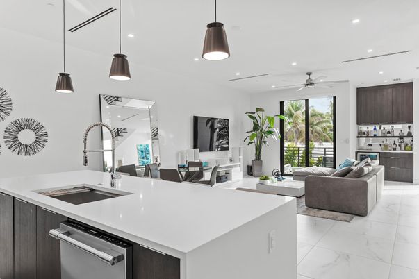 Dining room, Interior, Kitchen, Living room, Marble, Pendant Lights, Recessed Lighting, Stainless Steel Appliances