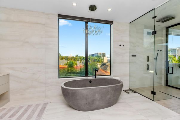 Bathroom, Free Standing Baths, Glass Shower, Interior, Marble Walls, Recessed Lighting