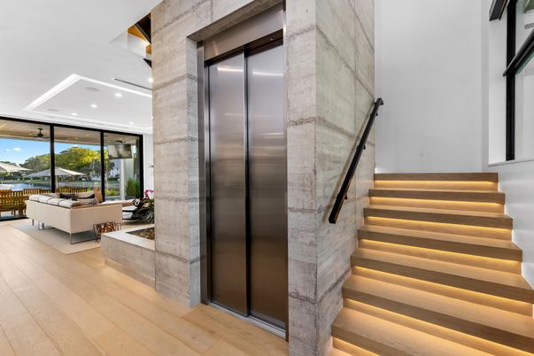 Elevator, Interior, Living room, Recessed Lighting, Wood Texture Flooring