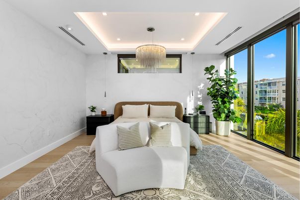 Bedroom, Interior, Pendant Lights, Recessed Lighting, Wood Texture Flooring