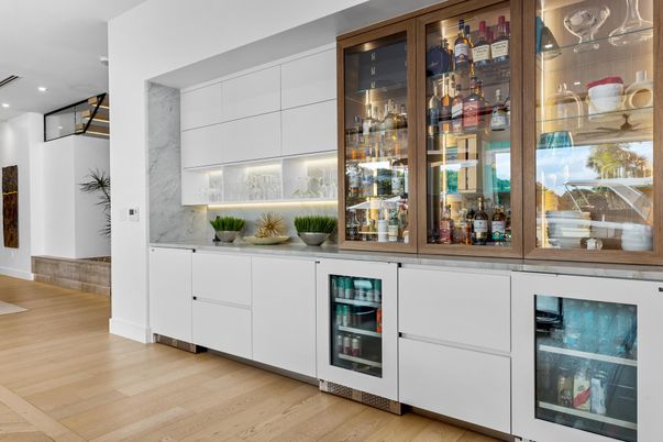 Interior, Marble Walls, Recessed Lighting, Wine Storage, Wood Texture Flooring