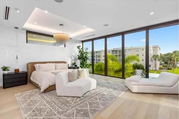 Bedroom, Interior, Pendant Lights, Recessed Lighting, Wood Texture Flooring