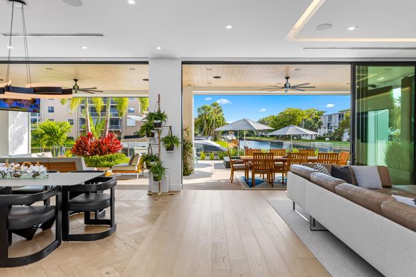 Dining room, Interior, Living room, Pendant Lights, Recessed Lighting, Wood Texture Flooring