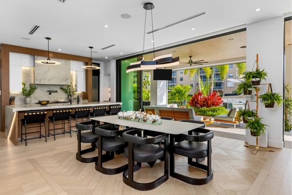 Dining room, Interior, Kitchen, Marble Walls, Pendant Lights, Recessed Lighting, Wood Texture Flooring