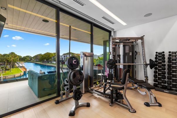 Fitness Equipment, Gym, Interior, Recessed Lighting, Water, Wood Texture Flooring