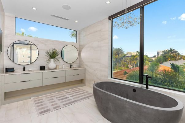 Bathroom, Dual Sink Vanities, Free Standing Baths, Interior, Marble Walls, Recessed Lighting