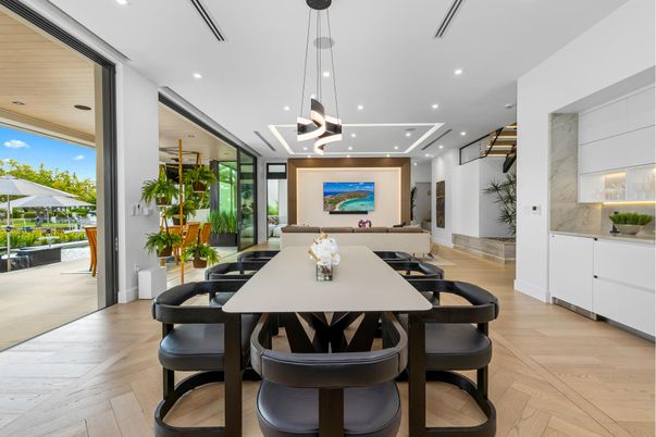 Dining room, Interior, Pendant Lights, Recessed Lighting, Wood Texture Flooring