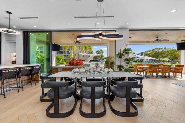 Dining room, Interior, Pendant Lights, Recessed Lighting, Wood Texture Flooring