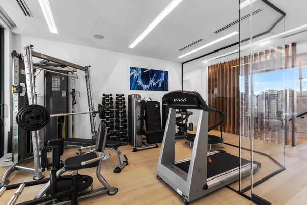 Fitness Equipment, Gym, Interior, Recessed Lighting, Wood Texture Flooring