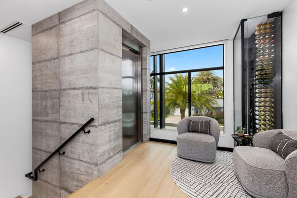 Elevator, Interior, Recessed Lighting, Wine Storage, Wood Texture Flooring