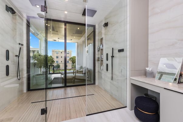Bathroom, Glass Shower, Interior, Recessed Lighting, Wood Texture Flooring