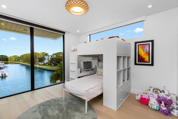 Bedroom, Interior, Recessed Lighting, Water, Wood Texture Flooring