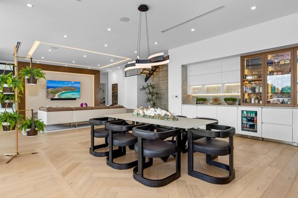 Dining room, Interior, Living room, Pendant Lights, Recessed Lighting, Wood Texture Flooring