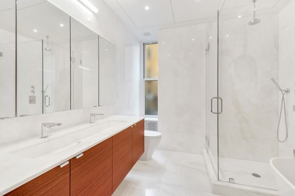 Bathroom, Dual Sink Vanities, Glass Shower, Interior, Marble, Marble Walls, Recessed Lighting