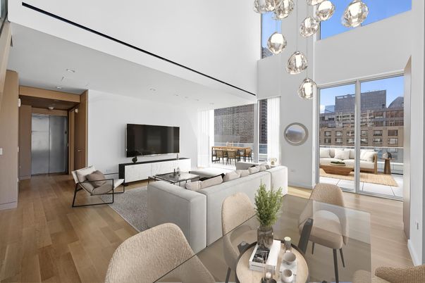 Dining room, Interior, Living room, Pendant Lights, Wood Texture Flooring