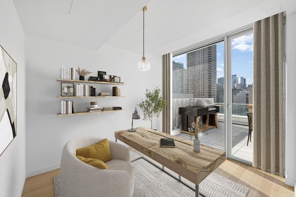 Home Office, Interior, Living room, Pendant Lights, Wood Texture Flooring