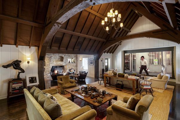 Chandelier, Dining room, Fireplace, Interior, Living room, Stone Walls, Wooden Beams, Wooden Ceilings, Wood Texture Flooring