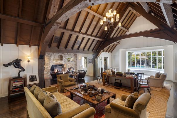 Chandelier, Dining room, Fireplace, Interior, Living room, Stone Walls, Wooden Beams, Wooden Ceilings, Wood Texture Flooring