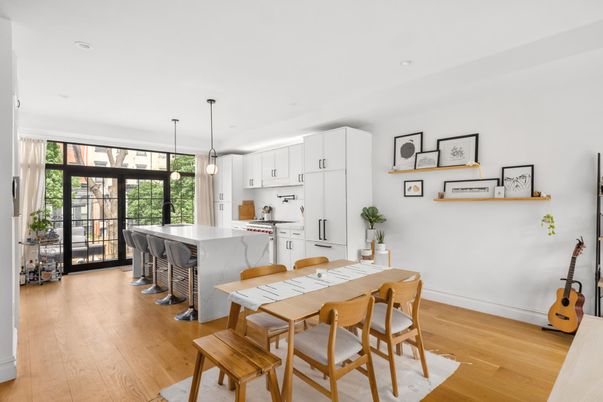 Dining room, Interior, Kitchen, Pendant Lights, Recessed Lighting, Wood Texture Flooring