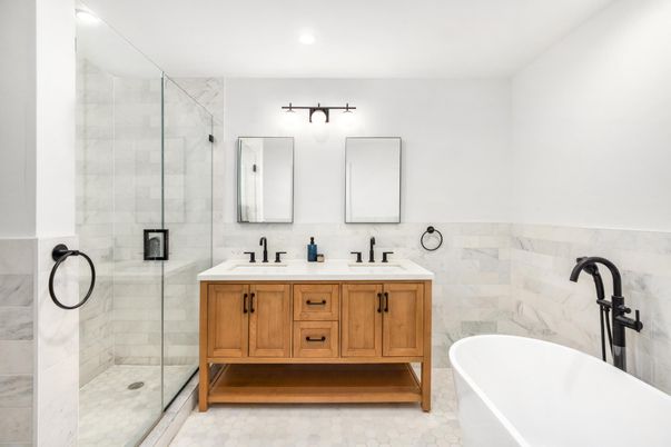 Bathroom, Dual Sink Vanities, Free Standing Baths, Glass Shower, Interior, Marble Walls, Recessed Lighting