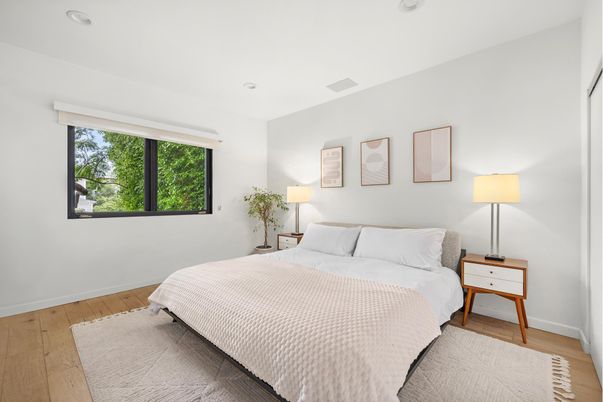 Bedroom, Interior, Recessed Lighting, Wood Texture Flooring