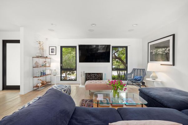 Fireplace, Interior, Living room, Recessed Lighting, Wood Texture Flooring