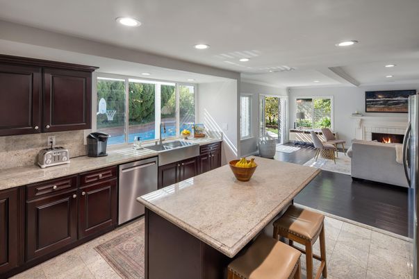 Fireplace, Interior, Kitchen, Living room, Recessed Lighting, Stainless Steel Appliances, Wood Texture Flooring