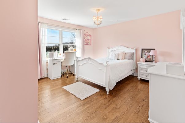 Bedroom, Chandelier, Home Office, Interior, Wood Texture Flooring