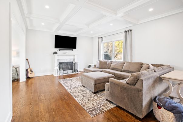 Fireplace, Interior, Living room, Recessed Lighting, Wood Texture Flooring