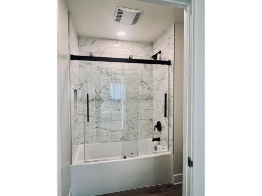 Bathroom, Glass Shower, Interior, Marble Walls, Recessed Lighting, Wood Texture Flooring