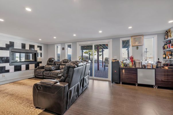 Home Theatre Room, Interior, Living room, Recessed Lighting, Wood Texture Flooring