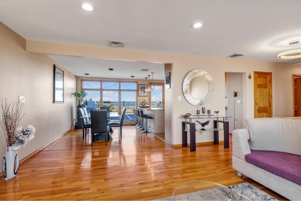 Dining room, Interior, Pendant Lights, Recessed Lighting, Wood Texture Flooring