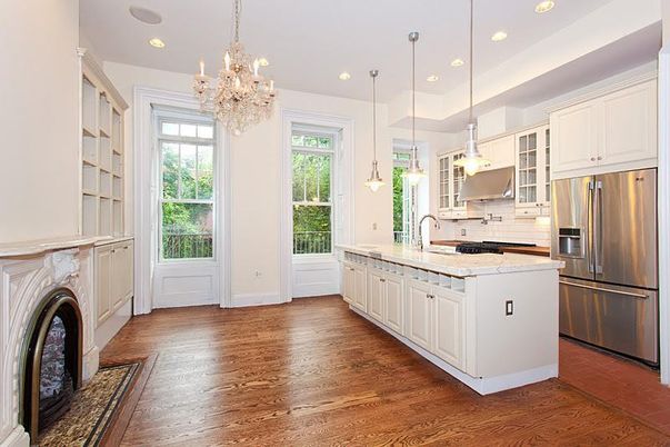 Chandelier, Fireplace, Interior, Kitchen, Pendant Lights, Recessed Lighting, Stainless Steel Appliances, Wood Texture Flooring